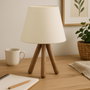 Opviq AYD-1970 Lámpara de Mesa en Madera de Haya y Tela de PVC Blanco y Nogal